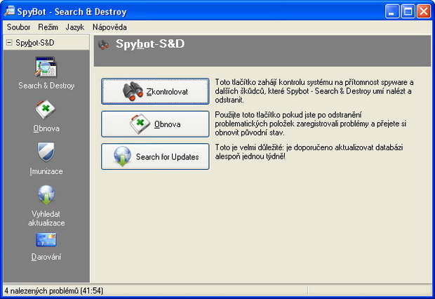 Spybot S&D - Pracovn&iacute; menu