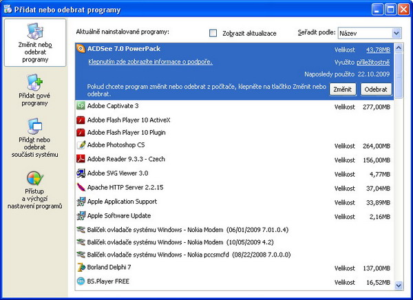 Přidat nebo odebrat programy Windows XP
