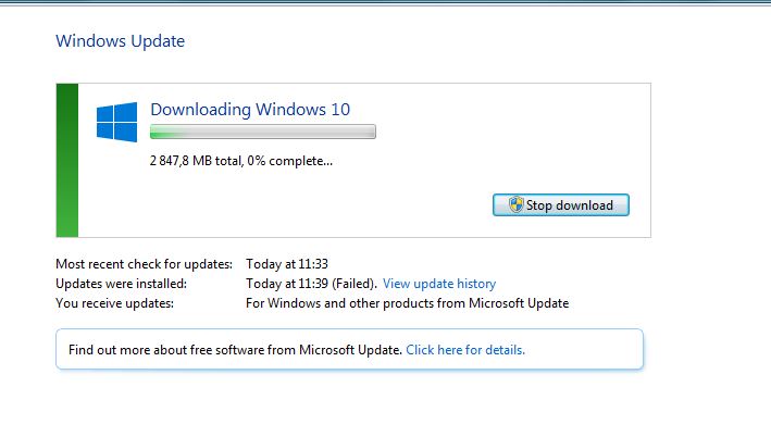 Stahování upgrade Windows 10